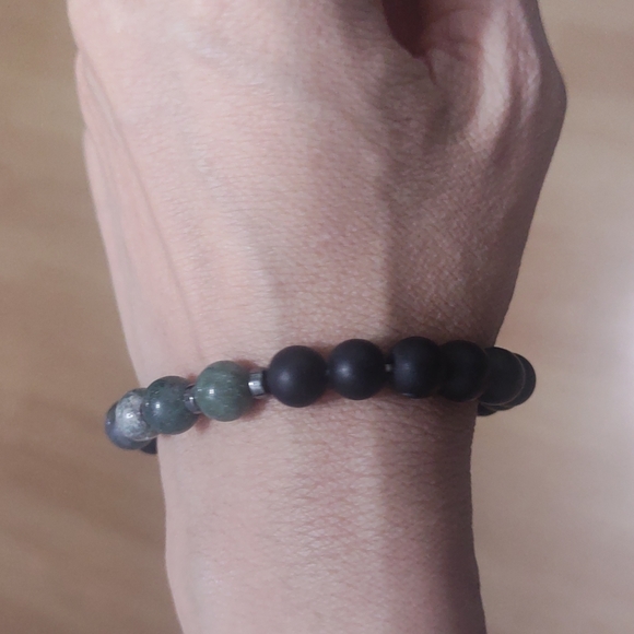 New 100% brand new Natural stone beads bangle silver  bracelet black, green - Picture 4 of 6